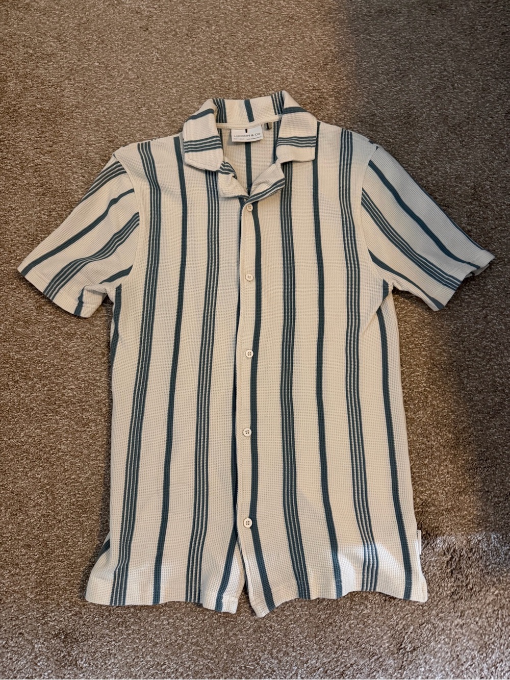 Larsson & Co Men's Short-Sleeve Button-Down Shirt - Cream & Teal Stripe